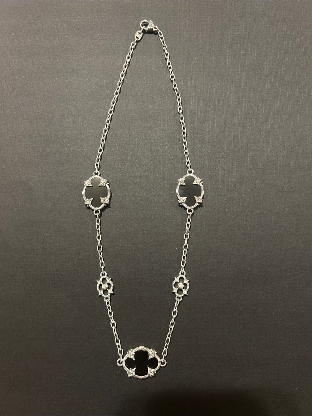 Authentic Judith Ripka Genuine Black Onyx clover Necklace